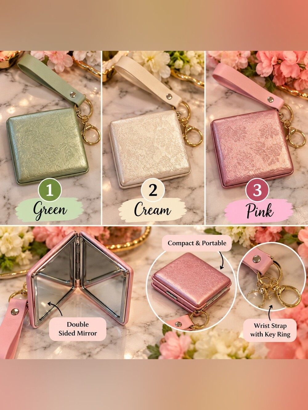 💕 Double-Sided Compact Mirror Keychain – Choose Your Favorite Color
